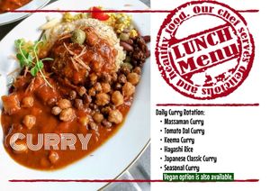 Daily Curry Rotation:
	•	Massaman Curry
	•	Tomato Dal Curry
	•	Keema Curry
	•	Hayashi Rice
	•	Japanese Classic Curry
	•	Seasonal Curry

Vegan option is also ava at Omishima Hitori Marche  in Imabari