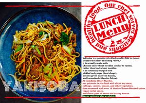 Yakisoba is a popular stir-fried noodle dish in Japan. 
Despite the name including “soba,” 
it is actually made with Chinese-style wheat noodles similar to ramen, 
rather th at Omishima Hitori Marche  in Imabari