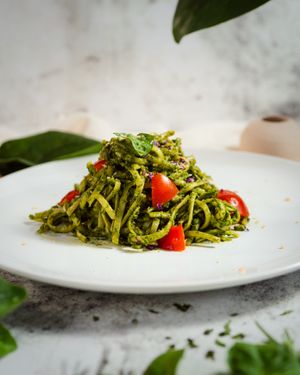 Linguine in cashew pesto. No parmesan, no problem. Basil saves the day. at PLANT THEORY - The Vegan Restaurant in Canggu