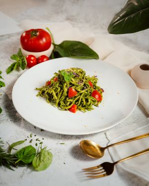 Linguine in cashew pesto. No parmesan, no problem. Basil saves the day. at PLANT THEORY - The Vegan Restaurant in Canggu