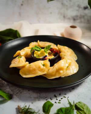 Potato dumplings. Because not every Russian needs a fur hat or meat. at PLANT THEORY - The Vegan Restaurant in Canggu