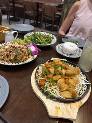 Morning glory stir fry, banana flower salad and vegan chicken lemongrass and chili   at Hoang's Kitchen 2 in Ho Chi Minh City