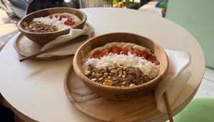 Peanut butter banana bowl & acai bowl unsweetened (also sweetened available)  at Veganlicious - Jalan Pasar - Vegan Smoothie Bowl and Coffee  in Sanur