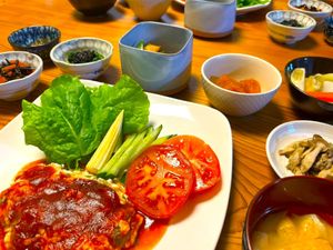 Vegetarian menu: Japanese-style tofu hamburger steak with small dishes, miso soup and rice. at Chambre d'hôte Chaton in Mie