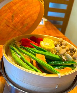 A medley of gently steamed seasonal vegetables, naturally sweet and served with two traditional Japanese sauces — nutty sesame and tangy ponzu. at Chambre d'hôte Chaton in Mie