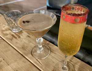 Homemade drinks: Espresso Martini with coconut milk, sumac and saffron infused vodka with pomegranate 🔥  at Cafe Shëndet in Himare