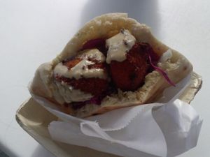 sweet potato falafel pita sandwich at Melrose Burgers by Fala Bar in Los Angeles