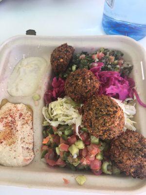 The delicious fala plate! 4 falafels, hummus, tahini, Israeli salad, quinoa tabouli, cabbage. at Melrose Burgers by Fala Bar in Los Angeles