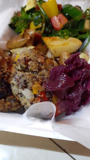 Coconut 🥥 and mushrooms 🍄 patties, stir fry veggies with soup of the day🍲 or salad 🥗  at Chef W Vegan Lunchbox in Nassau