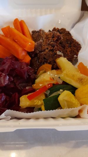 Cilantro crushed plantain black bean patties, stir fry veggies with soup of the day🍲 or salad  🥗  at Chef W Vegan Lunchbox in Nassau