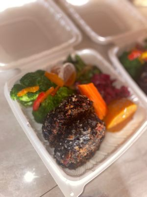Black bean patties with veggies at Chef W Vegan Lunchbox in Nassau