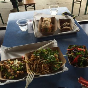 tofu-bang, udon sesame salad, samosa, green salad, & edamame salad-- just some of the clearly labeled vegan items at Parts and Labor in Durham