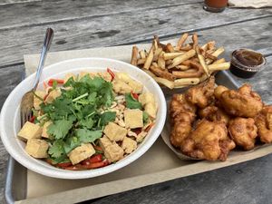 Udon bowl, cauliflower bites, & fries  at Parts and Labor in Durham