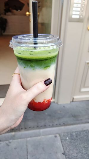 Iced Matcha Latte strawberry with almond milk at Dr. Smusy in Cologne