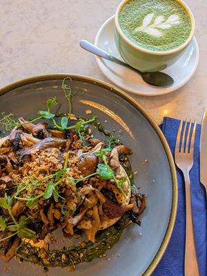 Mushrooms on crumpets and matcha latte at Coffika in Sheffield