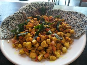 Tofu and portobello with rice crackers at Prem Bistro and Cafe in Ho Chi Minh City