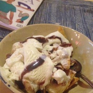 yummy dessert - crackers with banana, ice cream and chocolate sauce at Prem Bistro and Cafe in Ho Chi Minh City
