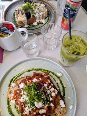 Campfire beans with Violife feta, mushrooms on toast and matcha latte at Joni at The Botanical Gardens in Sheffield