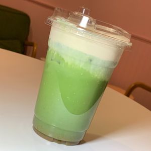 Guayaba Matcha: Matcha Latte sweetened with Guava Syrup, topped with Guava Cold Foam (Kalamazoo Vegan Chef Challenge 5/26) at Matchacita in Kalamazoo
