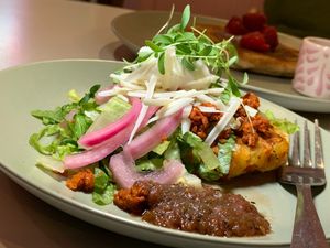 Tortitas de Papas y Chorizo: Potato & Corn (Masa) Cake w/ Vegan Chorizo & Violife Mozzarella Cheese (Kalamazoo Vegan Chef Challenge 5/26) at Matchacita in Kalamazoo