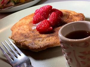 Lemon Poppy Seed Pancake topped with Raspberries and Lemon Curd (Kalamazoo Vegan Chef Challenge 5/26) at Matchacita in Kalamazoo