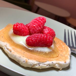 "Baby" Lemon Poppy Seed Pancake topped with Raspberries and Lemon Curd (Kalamazoo Vegan Chef Challenge 5/26) at Matchacita in Kalamazoo