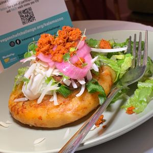 Tortitas de Papas y Chorizo: Potato & Corn (Masa) Cake w/ Vegan Chorizo & Violife Mozzarella Cheese (Kalamazoo Vegan Chef Challenge 5/26) at Matchacita in Kalamazoo