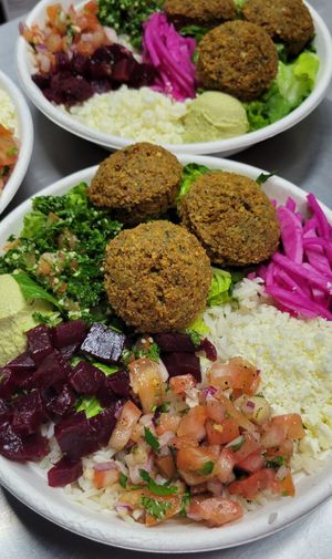 Crunchy Falafel vegetarian bowl. You can skip the feta cheese to become 100% Vegan at CASSA Kitchen & Catering in Rocky River