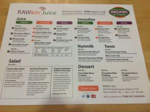 menu at Rawkin Juice in Burbank