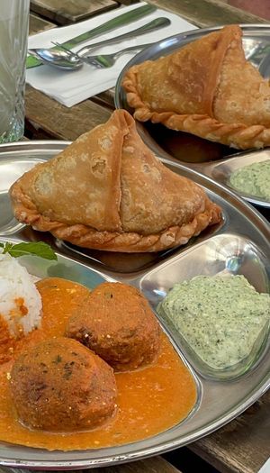 Samosa, Malai Kofta with rice and chutney  at Radhika food bar in Givat Ada