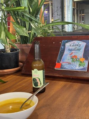 We were sitting kind of out of the bistro, there is this cute seating  at FatCat Delikatessen in Bratislava