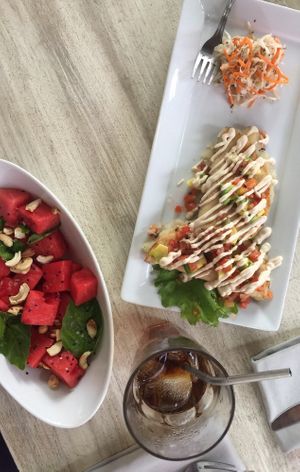 Yucadilla, watermelon salad and iced coffee  at Buddha's Garden in San Juan Del Sur