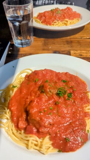 Spaghetti marinara with impossible meatball at The Old Spaghetti Factory in Banff