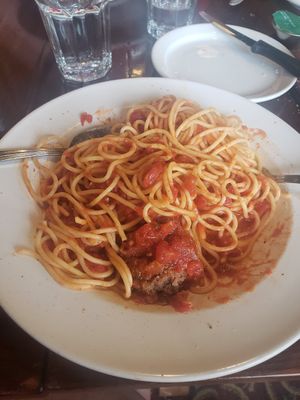 Three very large Impossible Meat meatballs. Very well spiced and the tomato sauce was tasty with big chunks of tomato. Plenty of leftovers from a huge serving. at The Old Spaghetti Factory in Banff