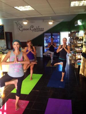 weekly morning yoga! at Green Goddess Feel Good Market in San Jose Del Cabo