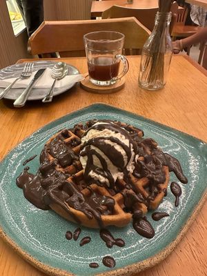 glúten feee waffle w/ salted caramel ice cream and chocolat on the top - perfection   at Tula Café & Bistro in Rio De Janeiro