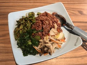 Red rice + 3 veg. $3.60 at Eight Immortals Vegetarian 八仙素食园 - Admiralty Place in North Singapore