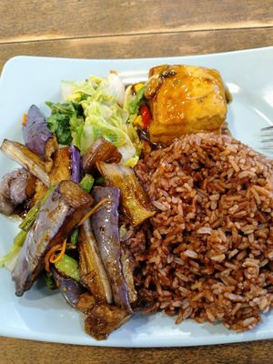 Brown rice with tofu and 2 veggies $6.50 at Ren Yi Vegetarian in Northeast Singapore