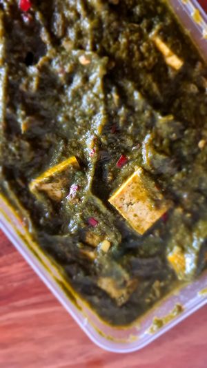 Takeaway saag tofu at Food O'Clock Cafe in Bendigo
