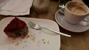 Couldn't wait to eat this delicious vegan cake wit the great cappuccino at Cafe Josefina in Munich