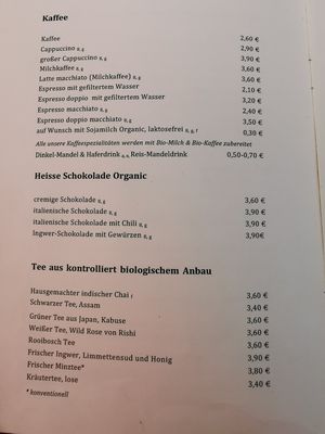 Drink Menu at Cafe Josefina in Munich