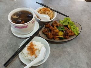 Sweet sour mushroom ball, double-boil soup, pumpkin rice at Peace Vegetarian - Tai Seng in Central Singapore