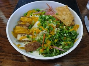 Only Vegan Option: Crispy Teriyaki Tofu Bowl:  Suzuki Soy Marinated Tofu, Cauliflower Rice, Pickled Vegetables, Wonton Crumble, Edamame,  Ginger Carrot Vinaigrette at Willimantic Brewing and Main Street Cafe in Willimantic
