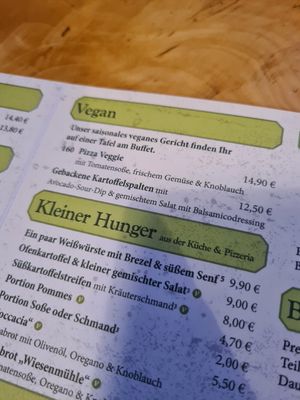 Menu (v=vegetarian but you can ask for a vegan option) at Hotel Brauhaus Wiesenmühle in Fulda