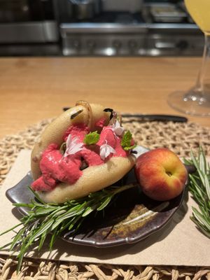 beet hummus bao  at Juntos Farm  in Ibiza