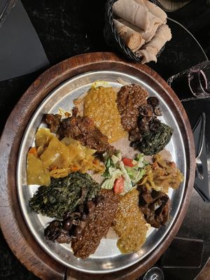 Shared plater with a selection of vegan dishes   at Toukoul in Brussels