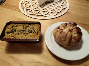 Two pastries: a leek casserole (savoury) and an apple brioche (sweet) at Vege Club Amar in Szczecin