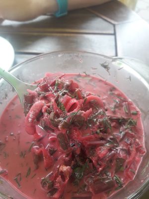 Beet soup (spoonful) at Vege Club Amar in Szczecin