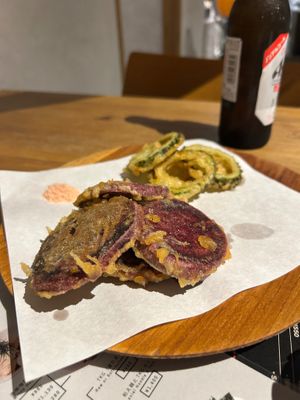 Sweet potato and goya (bitter melon) tempura (dipping sauce not vegan) at Jiruya in Chatan