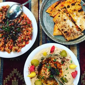 Patlican, hummus and spicy flatbread  at Mozaik Bahce in Fethiye
